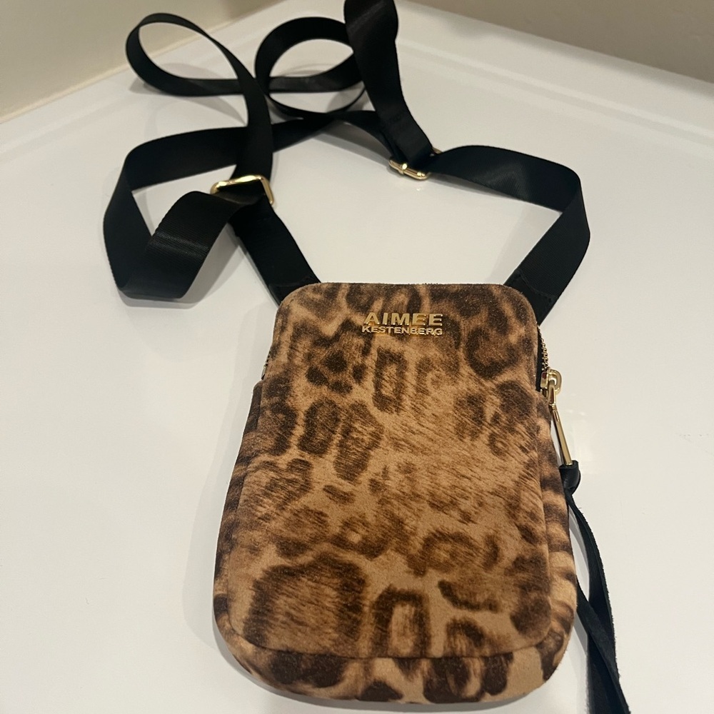 Aimee Kestenberg Brown Leopard Print capri genuine calf hair crossbody - Picture 4 of 6